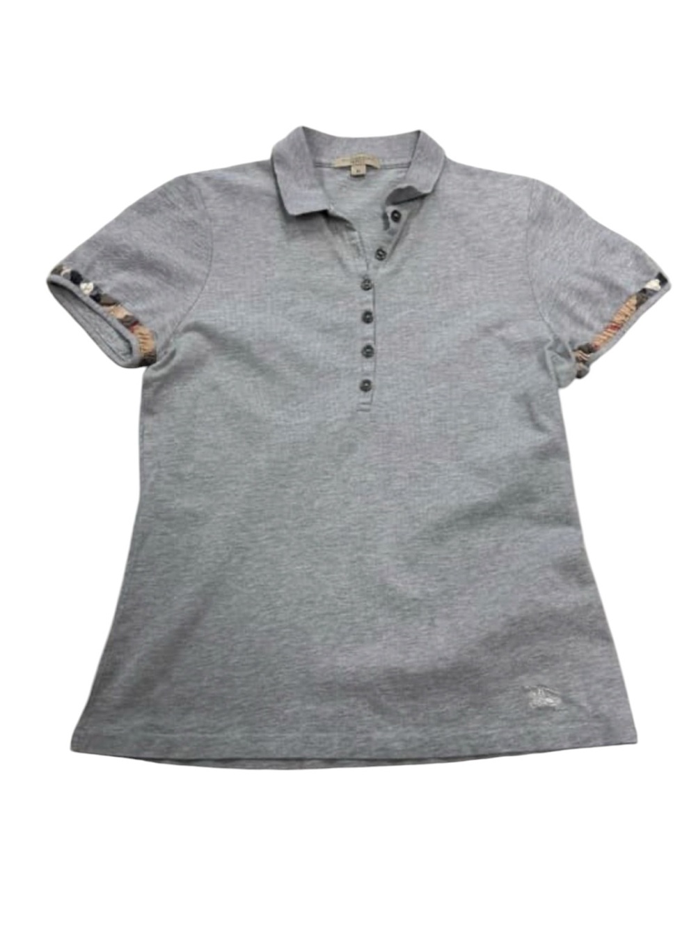 Burberry Brit Light Gray Women's Polo iconic Nova Check Trim Short Sleeve Large